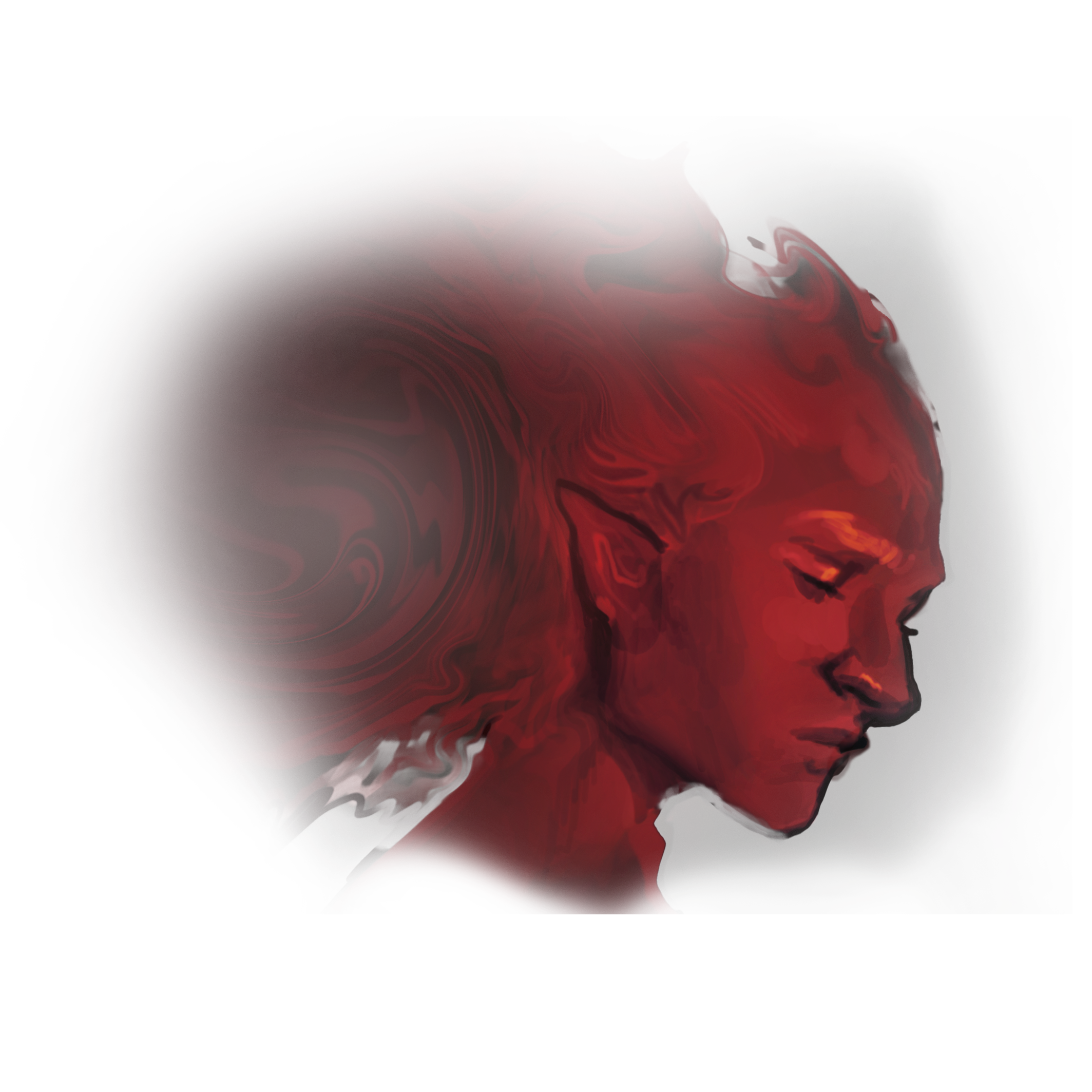 A stylized dark fantasy character in dramatic lighting, cut out against a shadowy textured background to convey a mysterious and intense mood